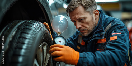 A mechanic using an air compressor and tire pressure gauge, with an inflatable balloon in his hand, checking the tire pressure of a car wheel on a grey background. Close-up shot. 