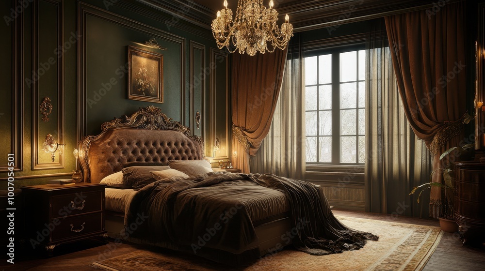 Fototapeta premium Elegant bedroom with an antique-style bed, rich drapes, and a classic chandelier