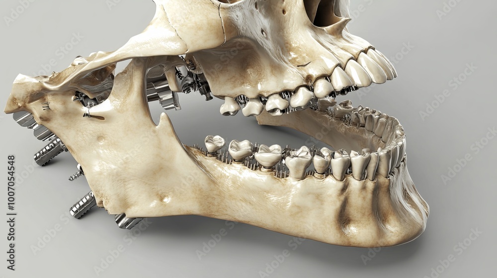 Naklejka premium Metal plates and screws have been used to fix a fractured jawbone in this 3D illustration. The jawbone, or mandible, is the only movable bone in the skull. It is responsible for chewing, speaking