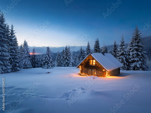 Winter nook with a lighted cabin and snowy trees