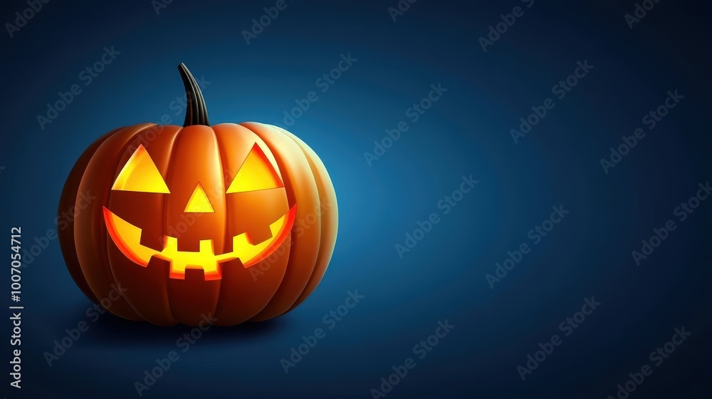 A pumpkin with a smiley face on it is on a blue background A pumpkin with a smiley face on it is on a blue background