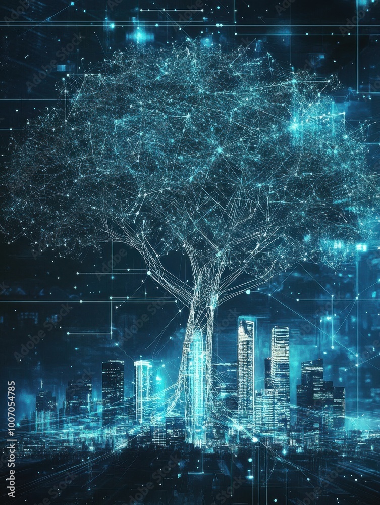 Fototapeta premium A tree with luminous branches and digital connections over a futuristic cityscape, symbolizing technology and nature integration.
