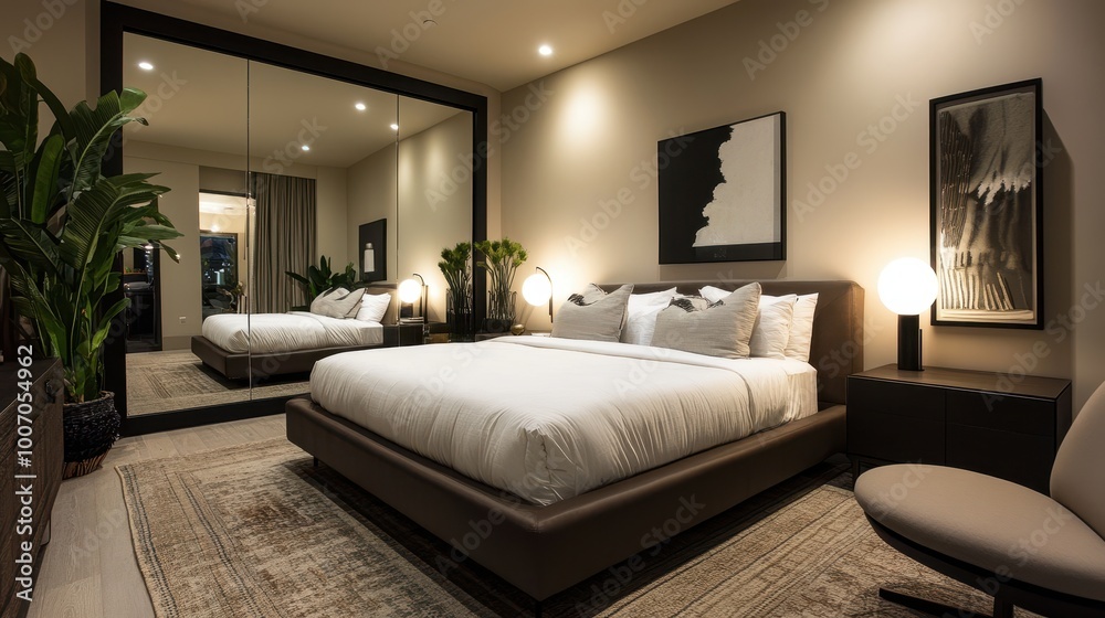Elegant bedroom with modern furnishings, a large mirror, and subtle lighting for a serene ambiance Elegant bedroom with modern furnishings, a large mirror, and subtle lighting for a serene ambiance