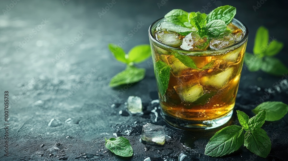 Refreshing Mint Julep Cocktail with Ice Cubes and Mint Leaves Refreshing Mint Julep Cocktail with Ice Cubes and Mint Leaves