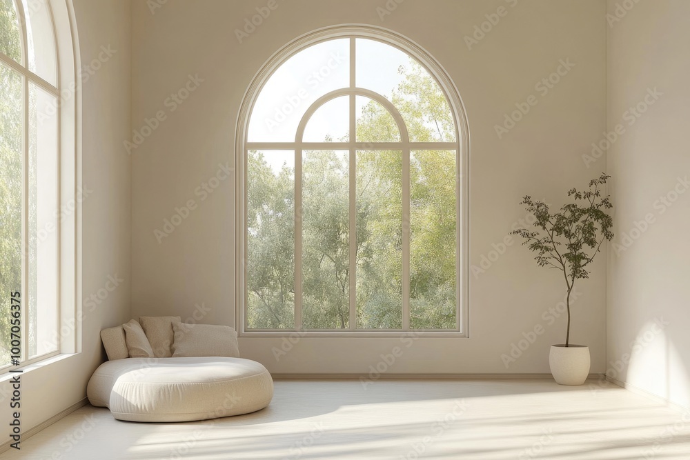 Modern Empty Living Space with Arch Window in Beige Interior Design Modern Empty Living Space with Arch Window in Beige Interior Design