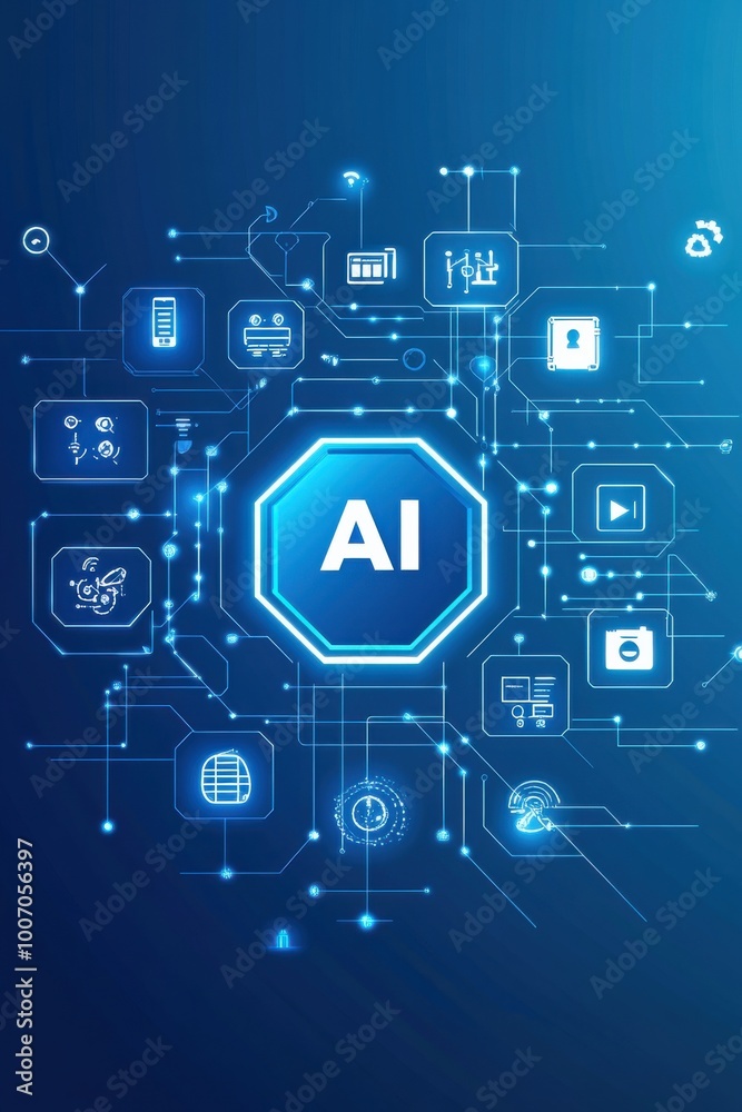 AI technology concept with hexagonal icon and futuristic digital elements showcasing innovation and machine learning AI technology concept with hexagonal icon and futuristic digital elements showcasing innovation and machine learning