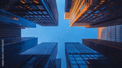 Steel-blue skyscrapers pierce the sky, their panoramic windows offering a breathtaking perspective from below. This image embodies the triumph of industrial architecture and the vibrancy of business. 