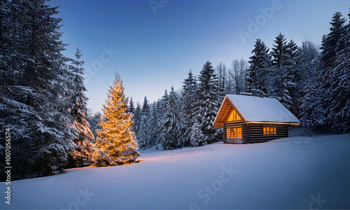 winter landscape with an illuminated cabin and snowy trees, evoking the warmth of celebrations.