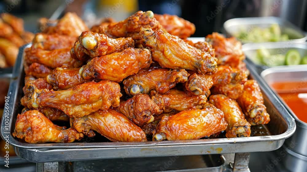 A tray of crispy, golden-brown chicken wings sits on a stand, ready to be devoured A tray of crispy, golden-brown chicken wings sits on a stand, ready to be devoured