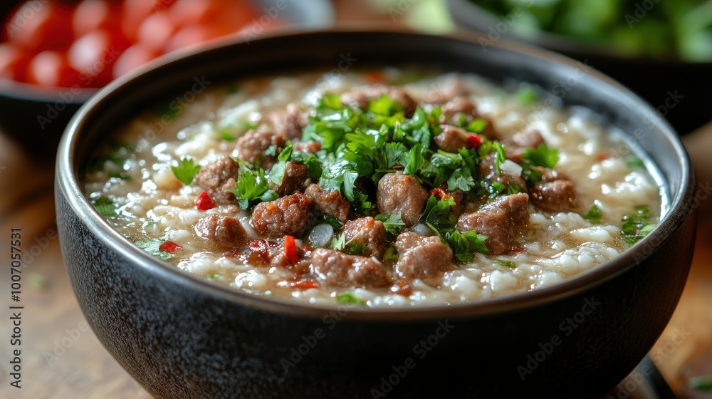 Close-Up of a Bowl of Savory Rice Soup with Meat and Cilantro Close-Up of a Bowl of Savory Rice Soup with Meat and Cilantro