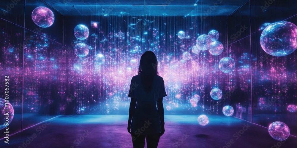 a woman standing in front of a wall of bubbles