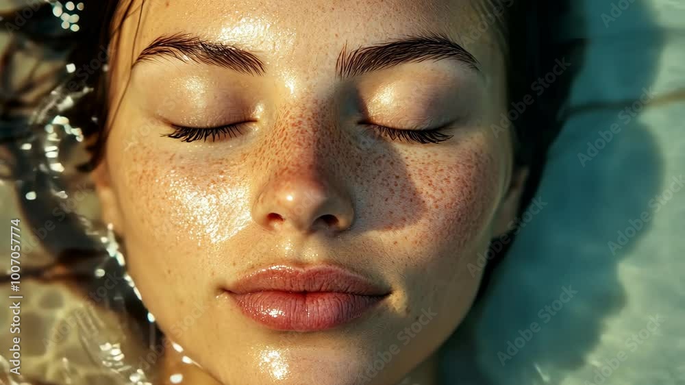 A woman with closed eyes lays in water, her face glistening in the sun A woman with closed eyes lays in water, her face glistening in the sun