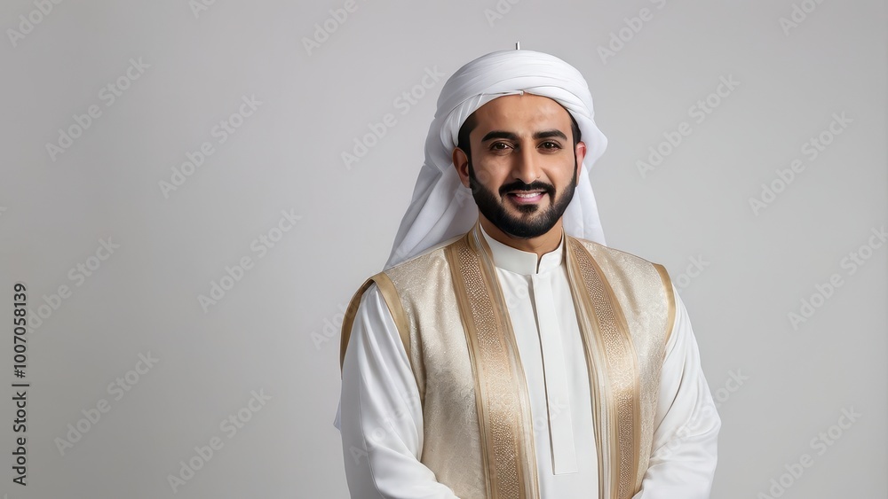 A man in traditional attire poses confidently against a neutral background. A man in traditional attire poses confidently against a neutral background.