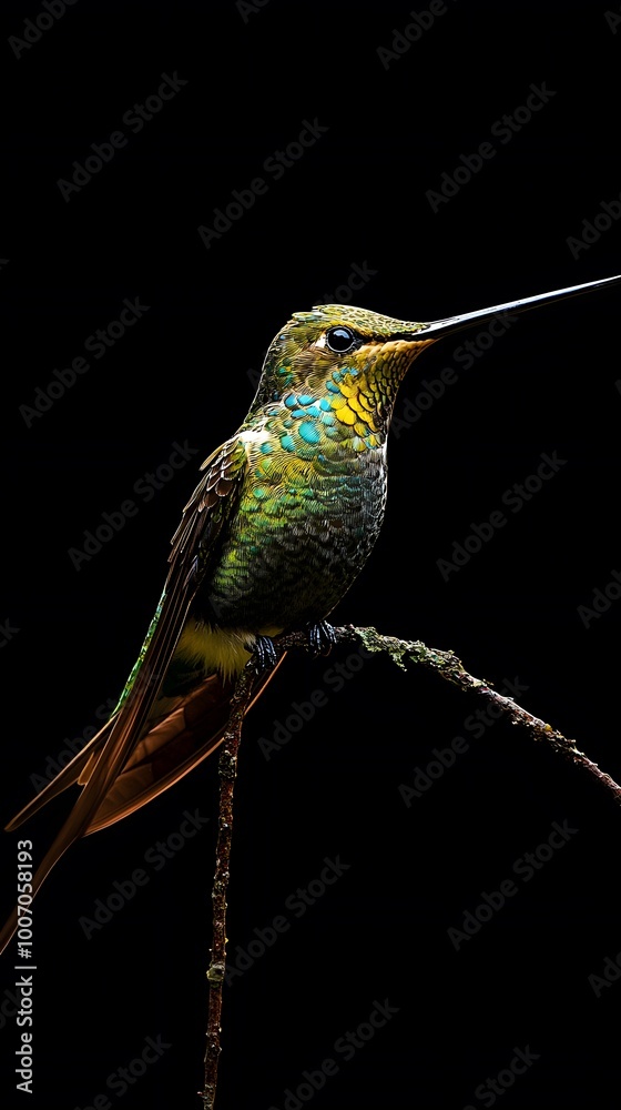 Obraz premium Sword-billed Hummingbird Perched on a Branch on a Black Background, Realistic Photo, Wallpaper, Cover and Screen for Smartphone, PC, Laptop, 9:16 and 16:9 Format