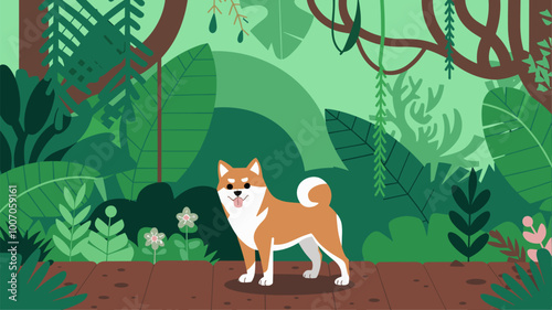 Shiba Inu dog surrounded by lush, tropical jungle with vibrant greenery and exotic plants.