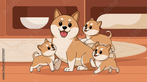 Shiba Inu dog surrounded by playful puppies in a warm, homey indoor space.