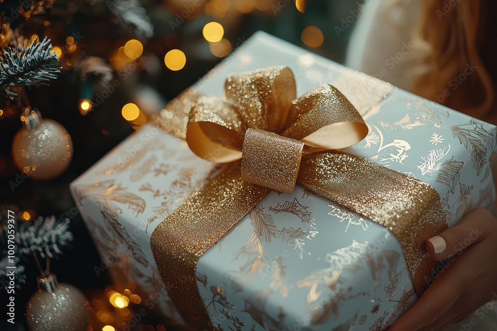 Close-up of a woman opening a beautifully wrapped Christmas present with a golden ribbon under festive lights Close-up of a woman opening a beautifully wrapped Christmas present with a golden ribbon under festive lights