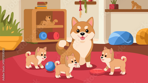 Shiba Inu dog surrounded by playful puppies in a warm, homey indoor space.