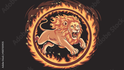 Lion leaping through ring of fire, mane ablaze.