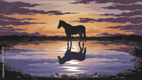 Horse silhouetted by a calm lake, its reflection shimmering in the water at twilight.