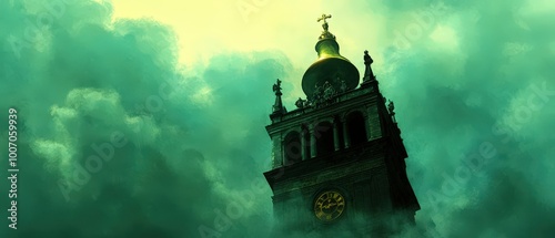 A large green building with a clock tower and a cross on top