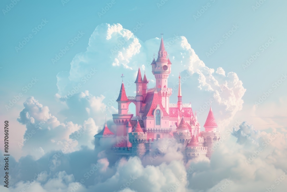 A fantasy castle suspended in the air with a bright blue sky background, ideal for use in illustrations or concept art A fantasy castle suspended in the air with a bright blue sky background, ideal for use in illustrations or concept art