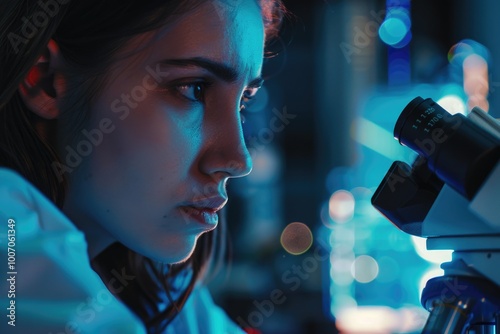 A woman studies microscopic samples, possibly for scientific research or education photo