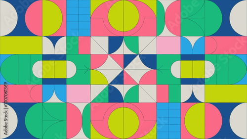 Kaleidoscope of geometric shapes in vibrant neon colors.