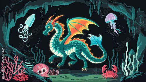 Bioluminescent dragon glowing in underwater cave, surrounded by eerie deep-sea creatures.