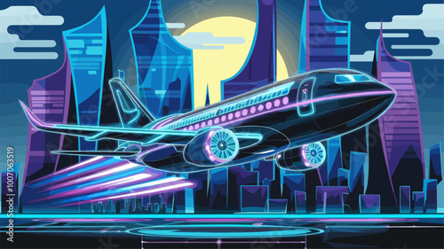 Captivating 3D airplane with neon lights and digital effects, hovering over futuristic cityscape.