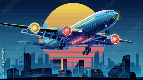 Captivating 3D airplane with neon lights and digital effects, hovering over futuristic cityscape.