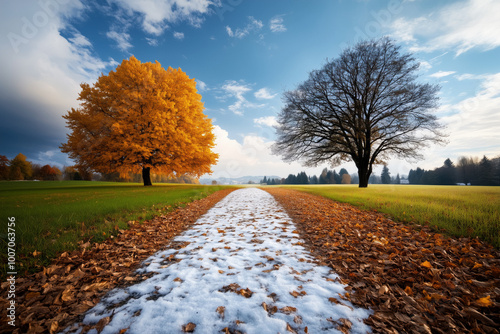 Two trees stand on either side of a path, one with vibrant golden autumn leaves and the other bare. Fallen leaves and patches of snow cover the ground, symbolizing the transition from fall to winter photo