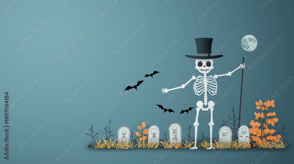 Obraz premium Coloring Book Halloween Skeleton An open coloring book showing a friendly skeleton wearing a top hat and holding a cane dancing among tombstones with a full moon and bats in the background.
