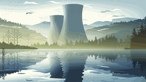 Cooling tower of a power plant reflecting in a serene lake with misty morning light and distant mountains.