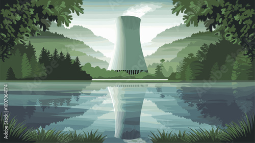 Cooling tower of a power plant reflecting in a serene lake with misty morning light and distant mountains.