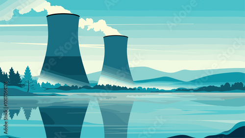 Cooling tower of a power plant reflecting in a serene lake with misty morning light and distant mountains.