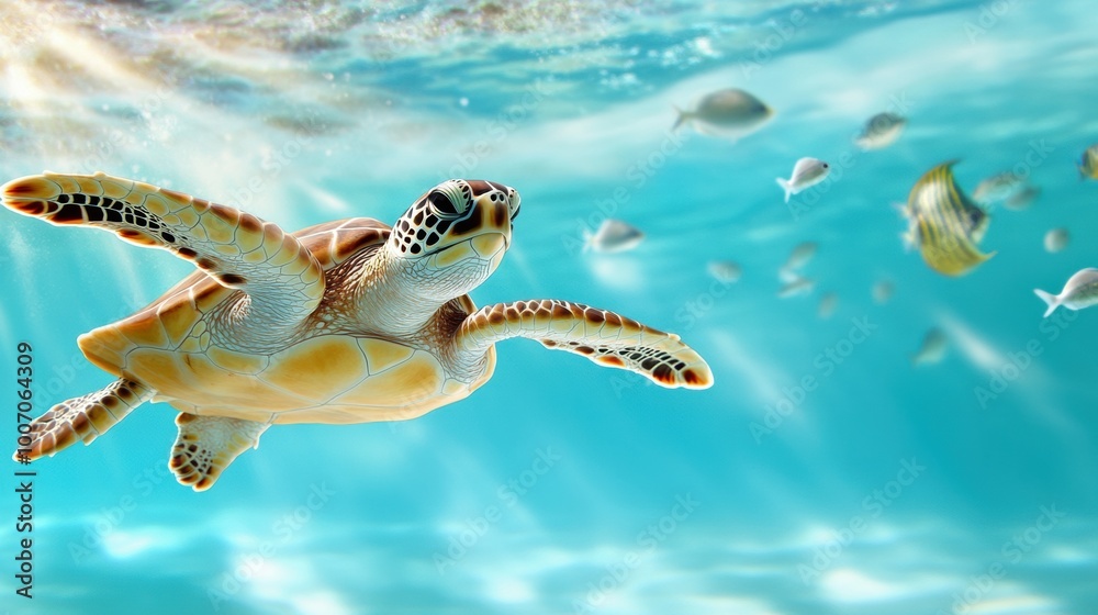 Obraz premium Graceful Turtle Swimming in Crystal Clear Water