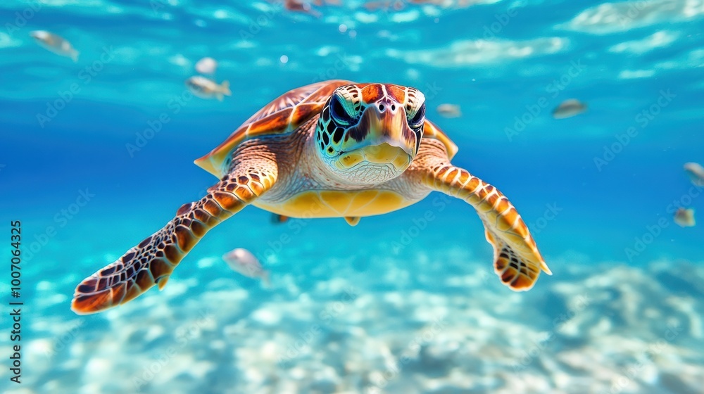 Obraz premium Graceful Sea Turtle Swimming in Clear Ocean Water