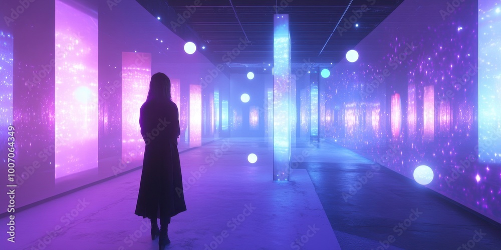 a woman standing in a room with a wall of lights a woman standing in a room with a wall of lights