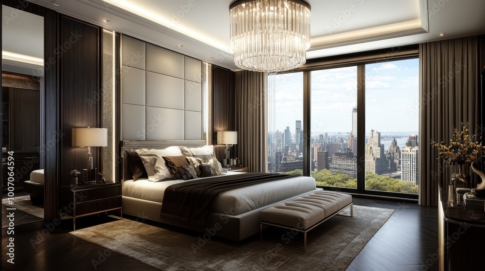 Fototapeta premium High-end bedroom featuring a sleek platform bed, statement chandelier, and lush bedding
