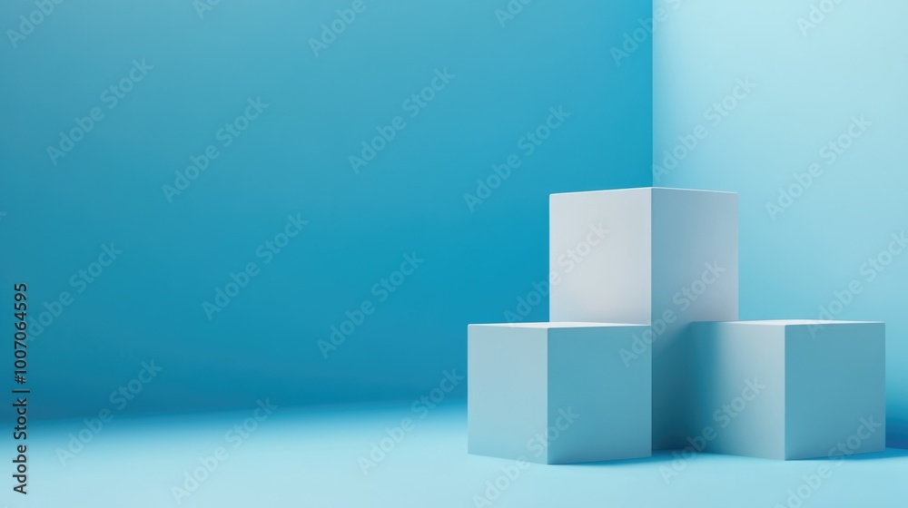 Modern Product Platform in Minimalist Studio Set with Geometric Blue Cube Background Modern Product Platform in Minimalist Studio Set with Geometric Blue Cube Background