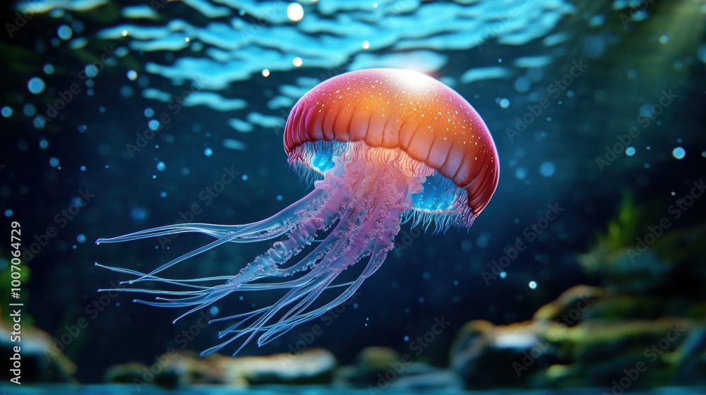 Fototapeta premium Colorful Jellyfish Swimming in Ocean Depths