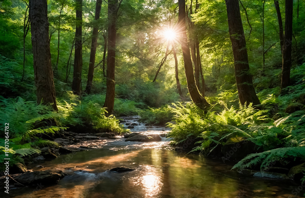 Fototapeta premium River in the green morning forest
