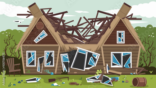 A house with a collapsed roof and shattered windows after a powerful hurricane.