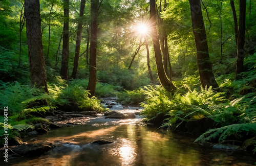 River in the green morning forest