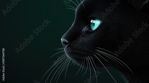 Coloring Book Halloween Black Cat A close up illustration of a black cat face highlighting its whiskers emerald eyes and a single white whisker in a coloring book for Halloween.