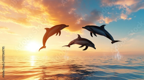Playful Dolphins Jumping at Sunset Over Ocean Waves