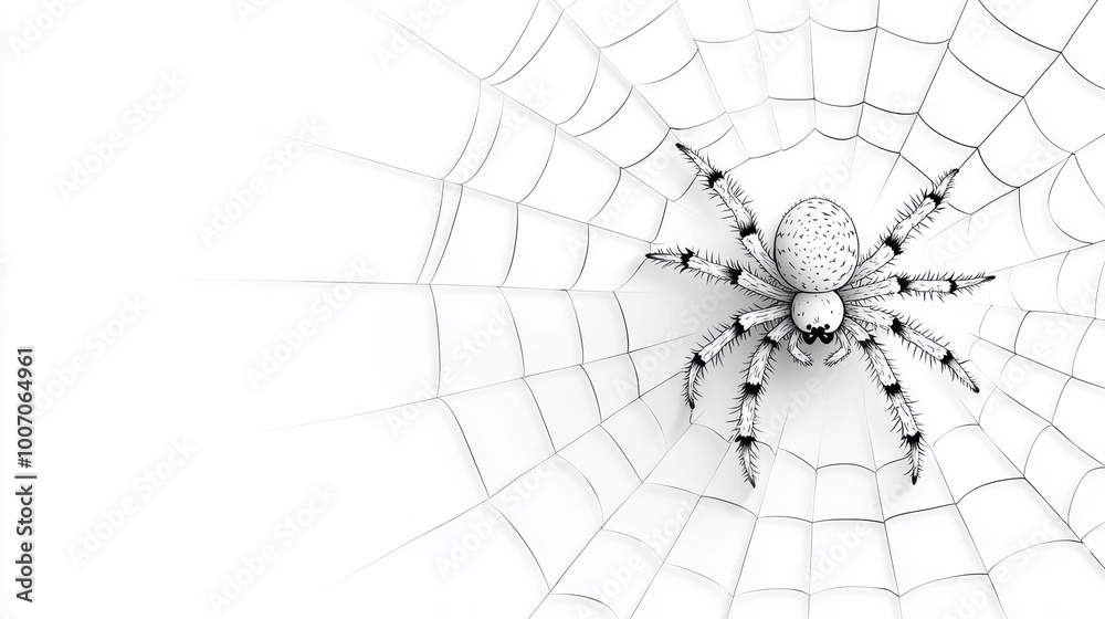 Fototapeta premium Coloring Book Halloween Spider A close up illustration of a spider spinning a web with intricate details highlighting the silk threads and the spider eight legs in a coloring book for Halloween.