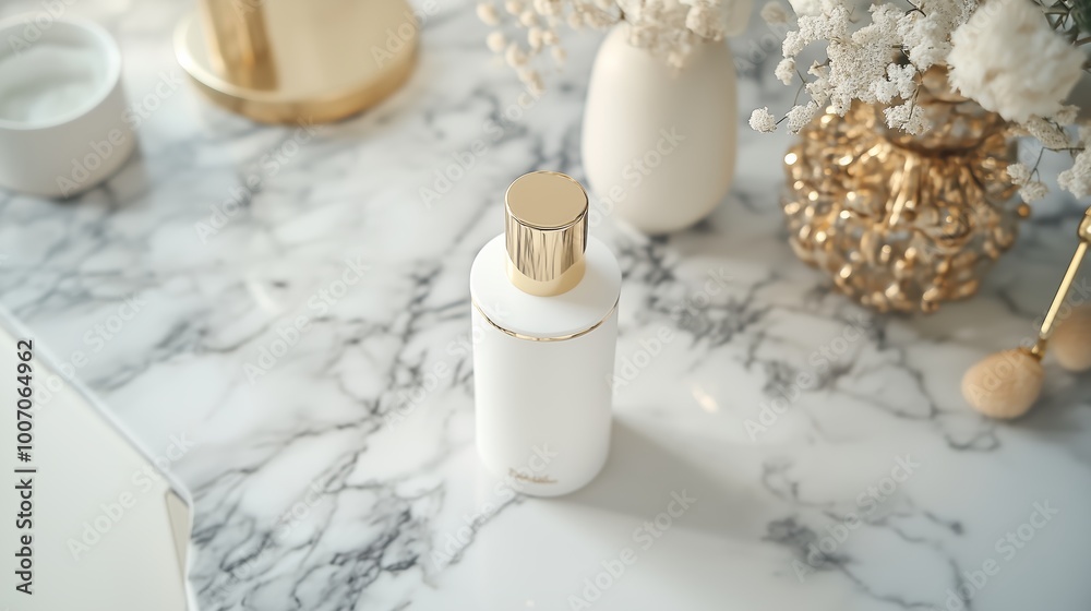 Elegant white bottle on marble table surrounded by decorative flowers and soft lighting in a cozy indoor setting Elegant white bottle on marble table surrounded by decorative flowers and soft lighting in a cozy indoor setting