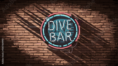 Neon sign casting dramatic shadows on a brick wall.